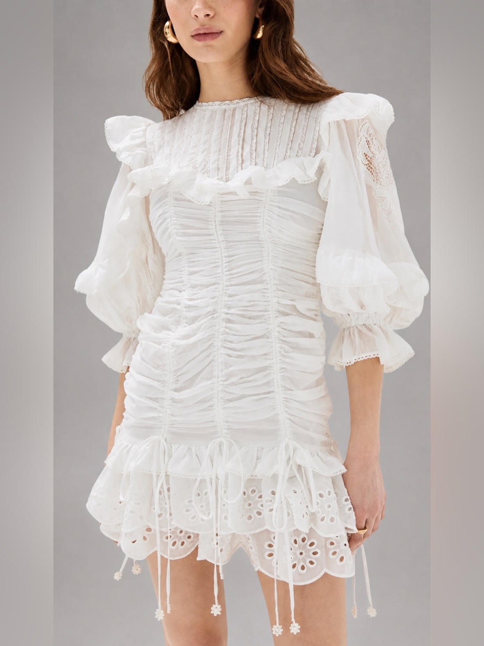 Farm Rio 100% Cotton White Laced Short Sleeve Mini Dress Ruched S Ruffle Eyelet - Picture 3 of 13